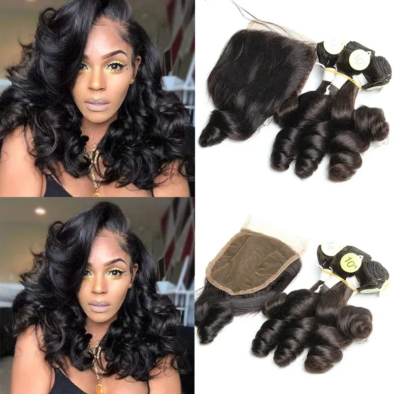 Synthetic Wigs Loose Wave Bundles with Closure 4x4 Brazilian Human Hair Weave 5Pcs Bouncy Curly Bundles with Closure HD Transparant Pre-Plucked 231211