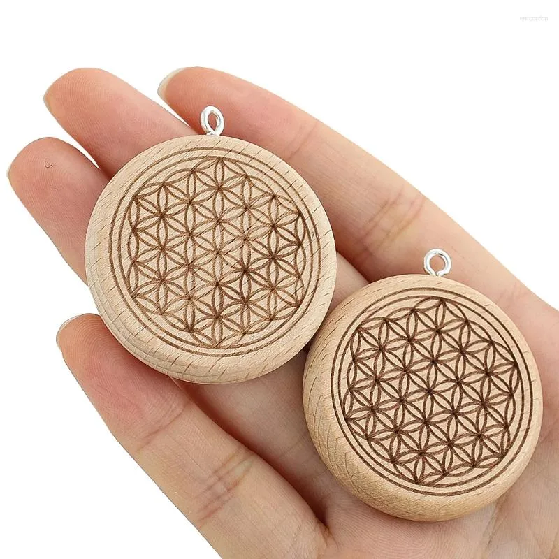 Charms 2pcs 40 43mm Wood Round Flower Of Life Crafts Pendant For Jewelry Making DIY Necklace Bracelet Handmade Accessories