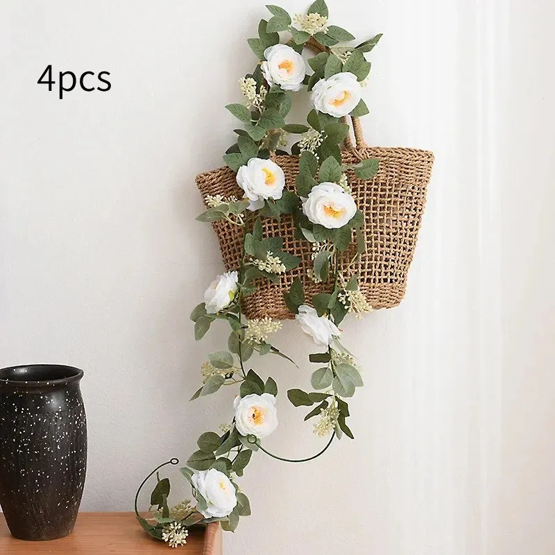 4Pc 200cm Artificial Camellia Flower Rattan with Ears of Wheat Rose Leaf Fake Flower Wall Hanging Decor Wedding Home Plant Vines