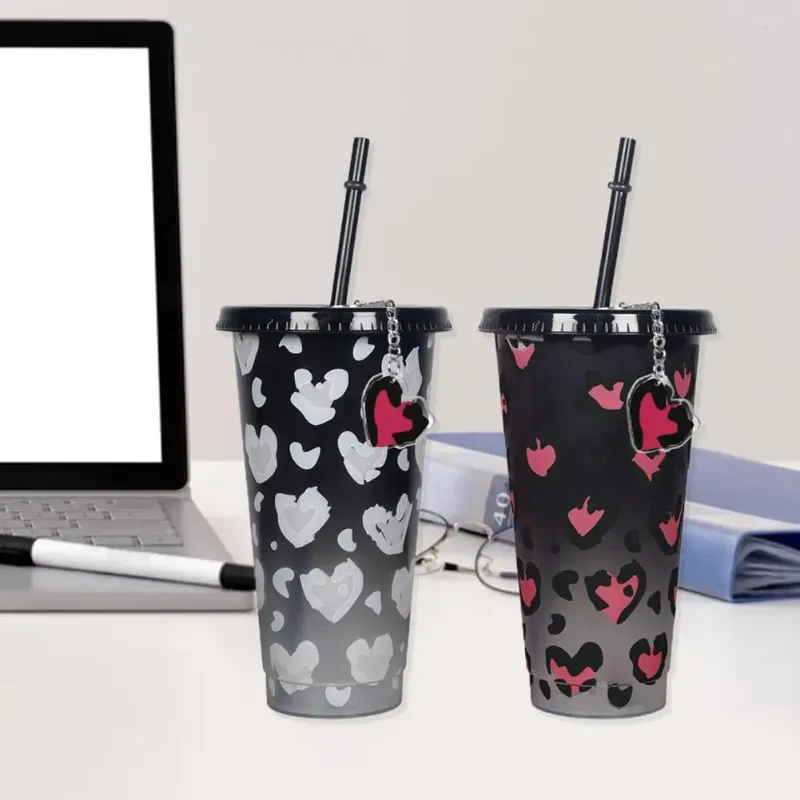 Tumblers Kleurveranderende rietjesbeker Herbruikbare 710ml Kleurveranderende mokset met sleutelhanger met hartpatroon