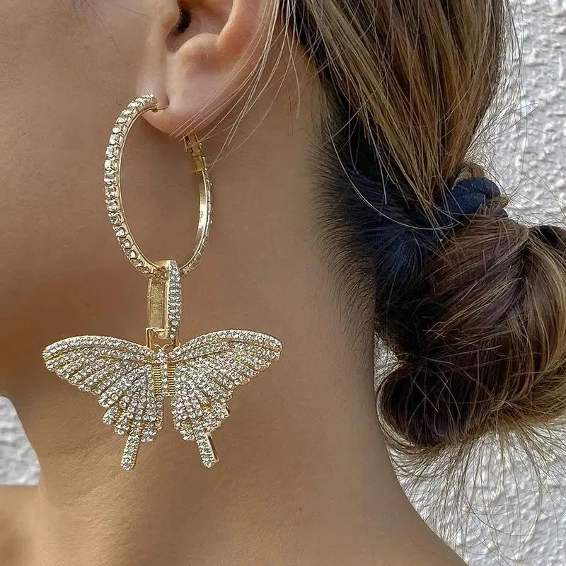 Boucles d'oreilles pendantes pour femmes, tendance Super Flash, strass complet, grand cerceau papillon, bijoux à la mode, pendentif esthétique, 2023