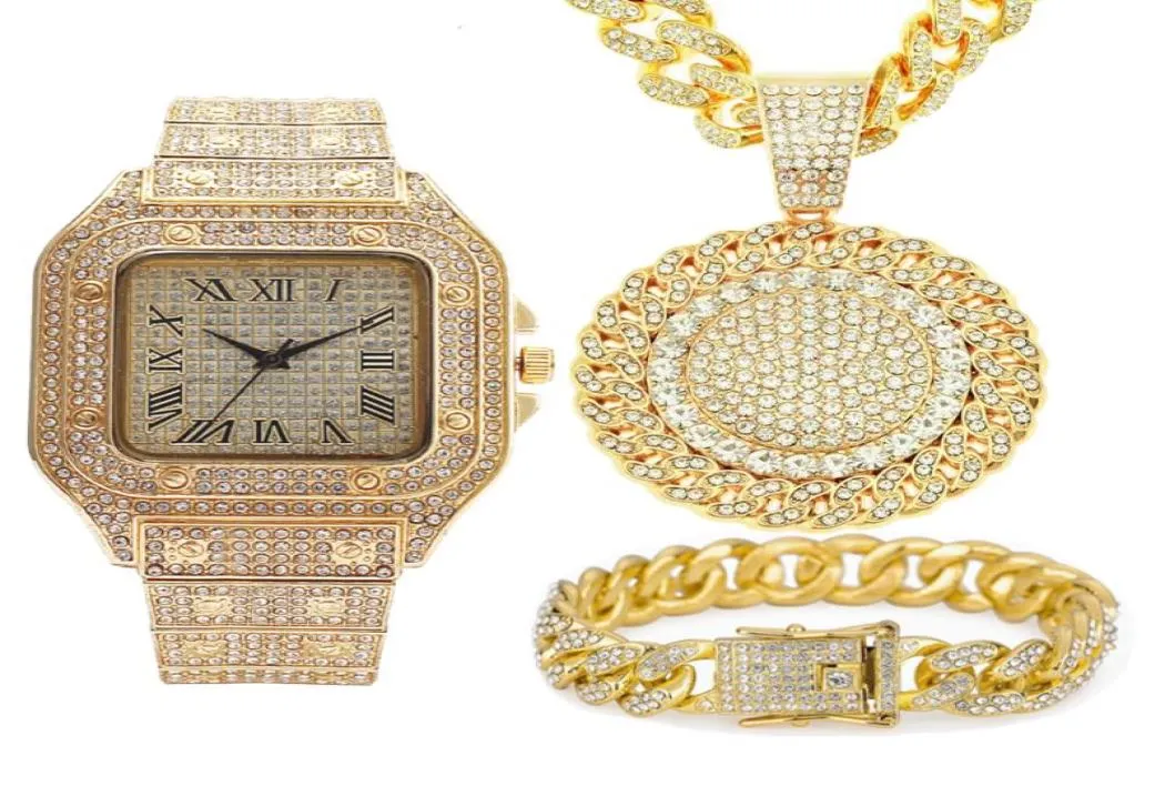 Цепочки, 3 шт., Iced Out, ожерелье, браслет, часы со стразами, 13 мм, Майами, кубинские брюки, блестящие золотые часы для мужчин, комплект ювелирных изделий7302872