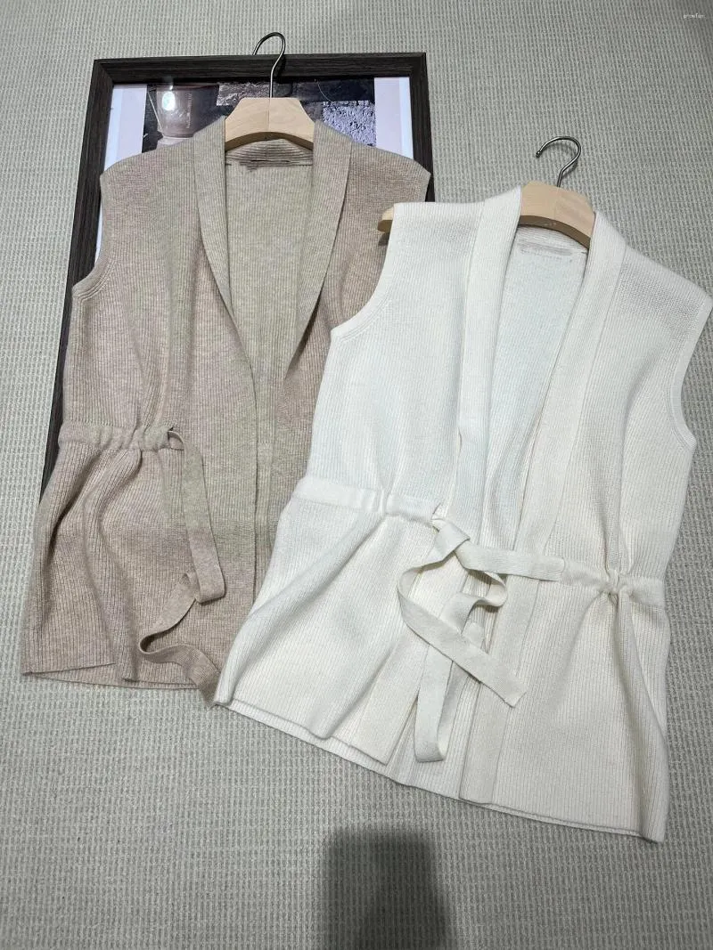 Cardigan da donna in cashmere di alta qualità lavorato a maglia da donna, autunno senza maniche, bianco, moda, maglione albicocca con cintura