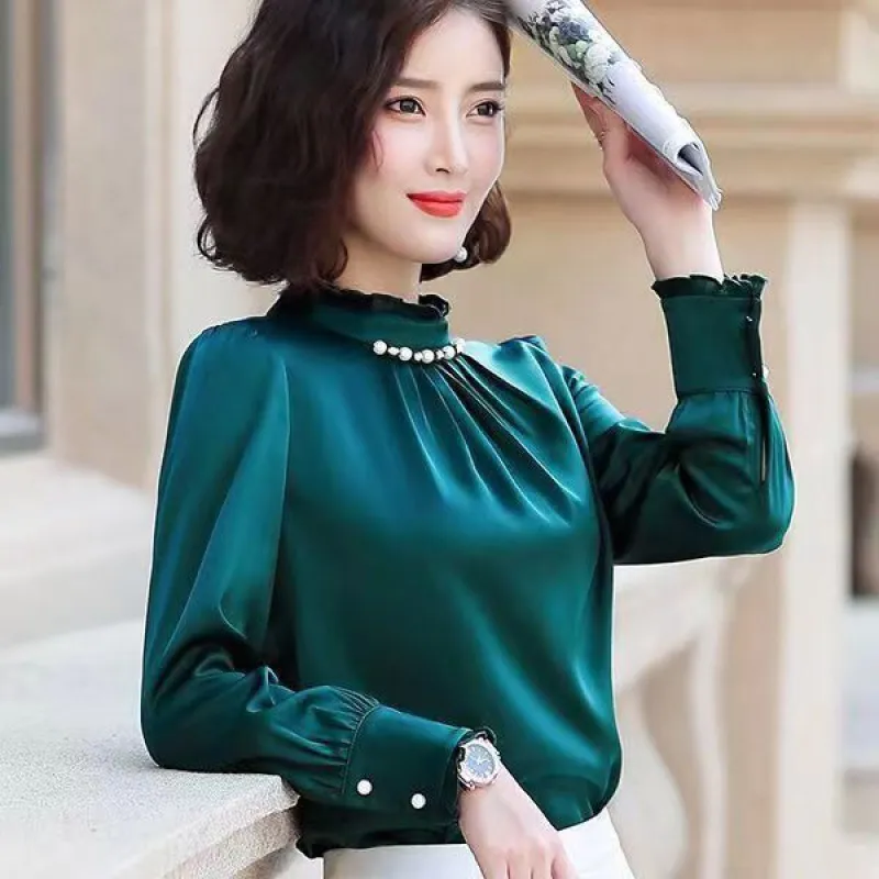 Women's Blouses Celmia Women Fashion Satin Silk Autumn Elegant Pearl Stand Collar Tops Long Sleeve Shirt Casual Solid Blusas Femininas