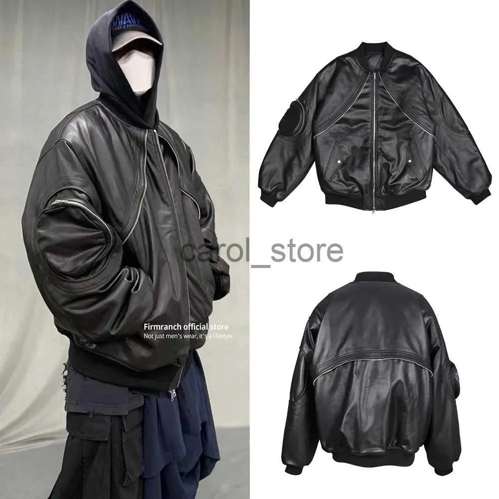 Herrjackor Firmranch Winter Archive Fashion Black Pu Leather Motorcykeljackor för män Kvinnor Tjock Bomber Coat med krökt blixtlås Design J231115