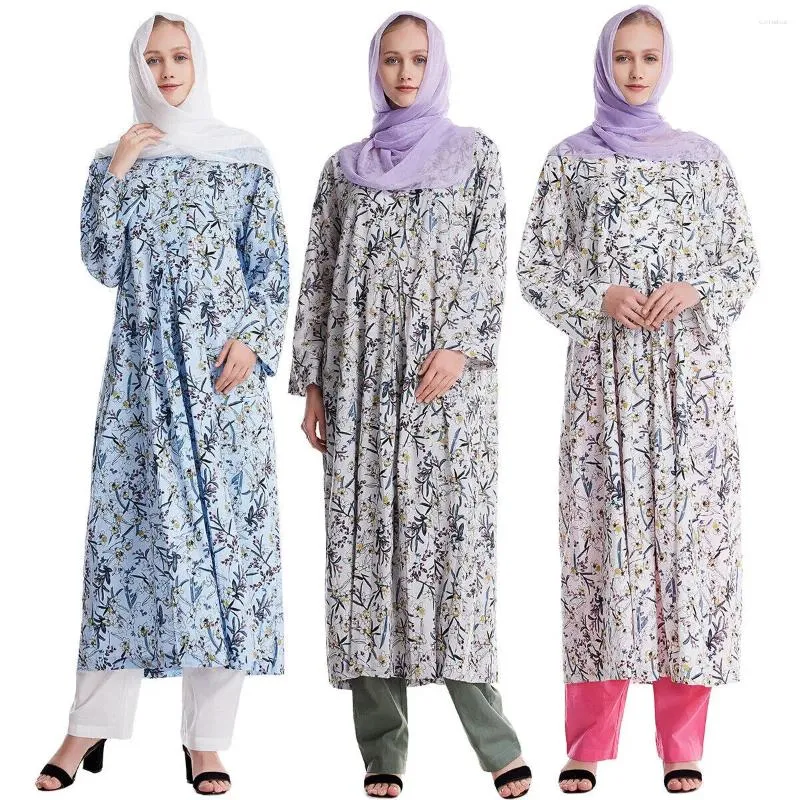 Ethnische Kleidung Muslimisches Baumwollkleid Islamischer arabischer Blumendruck Abaya Kaftan Lose Hemden Robe Ramadan Gebetskleid Damen M-XL