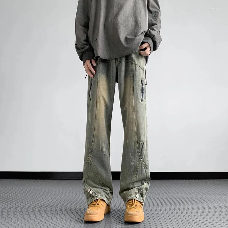 メンズジーンズハイストリートヴィンテージは古いストレートパンツを作るアメリカンファッション洗えたパンツ韓国の特大の雄トルースb155