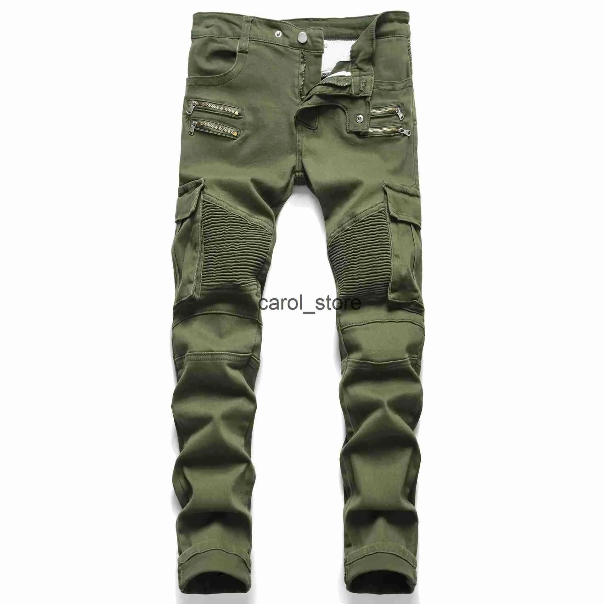 Pantaloni da uomo Designer Brand Jeans Uomo Pantaloni da equitazione Verde militare Jeans da moto Design dritto Pantaloni con cerniera taglie forti Pantaloni denim casual J231208