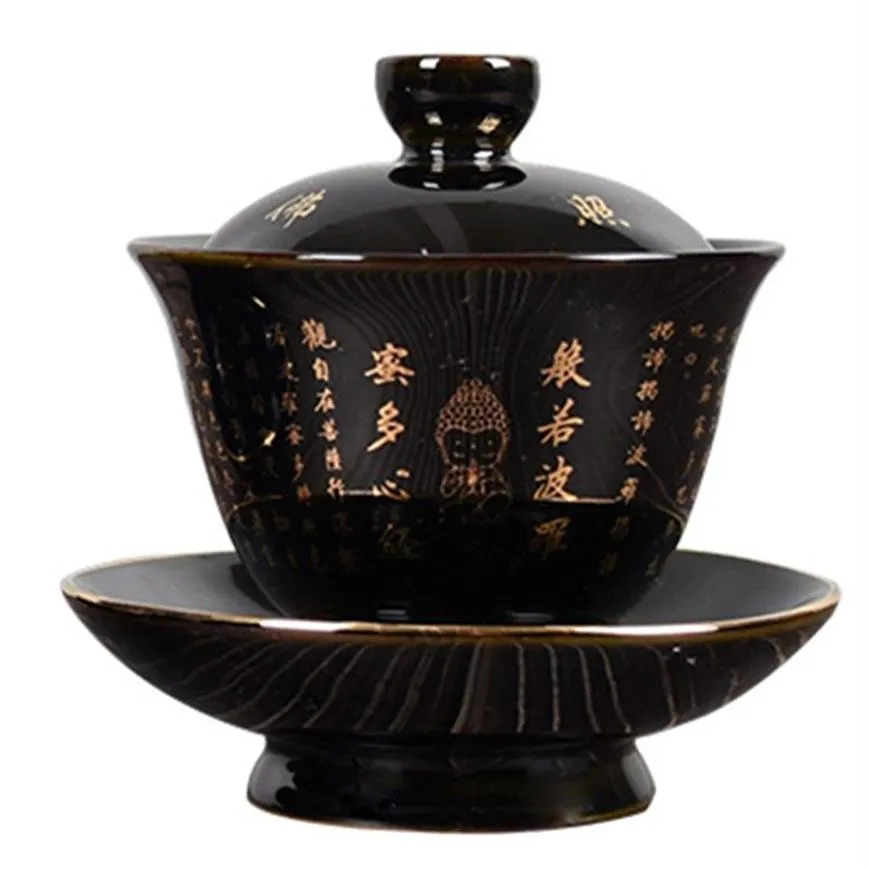 Ceramiczny Zen Gaiwan Buddha Glaze Porcelna Tea Tureen Blue and Black Color Creative Vintage Kung Fu Bowl Cup and Saucer300a