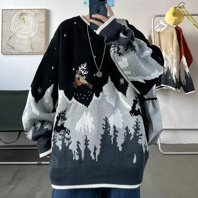 Erkek Sweaters Vintage Snow Mountain Elk Desen Noel Tarzı Kazak Sonbahar ve Kış için Çok Yönlü