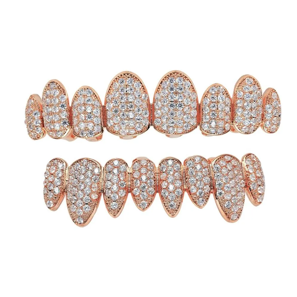 18K Real Gold Teeth Grillz Caps Iced Out Zircon 8 Teeth Top & Bottom Vampire Fangs Dental Grill Halloween Gift244a