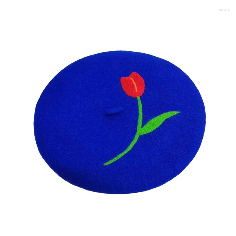 Berets RH Handgefertigte Wollfilz-Kopfbedeckung mit Tulpen-Blumenmuster, Vintage-Künstler-Maler-Hut, Damen-Wollmütze