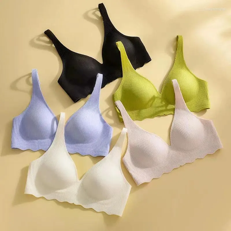 Bras Seamless Womens Bra Small Chest Big Hollow Design Underwear Support Non  Removable Semi Fixed Cup One Piece Striped Thin From Suifengpiao14, $40.61