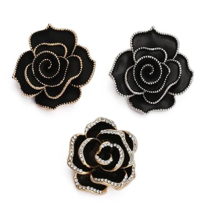 Pins Spettame di alta qualità Vintage Black Cancellia Pin Rhinestone Flower Rose Flower Jewelry on Clothes2893826