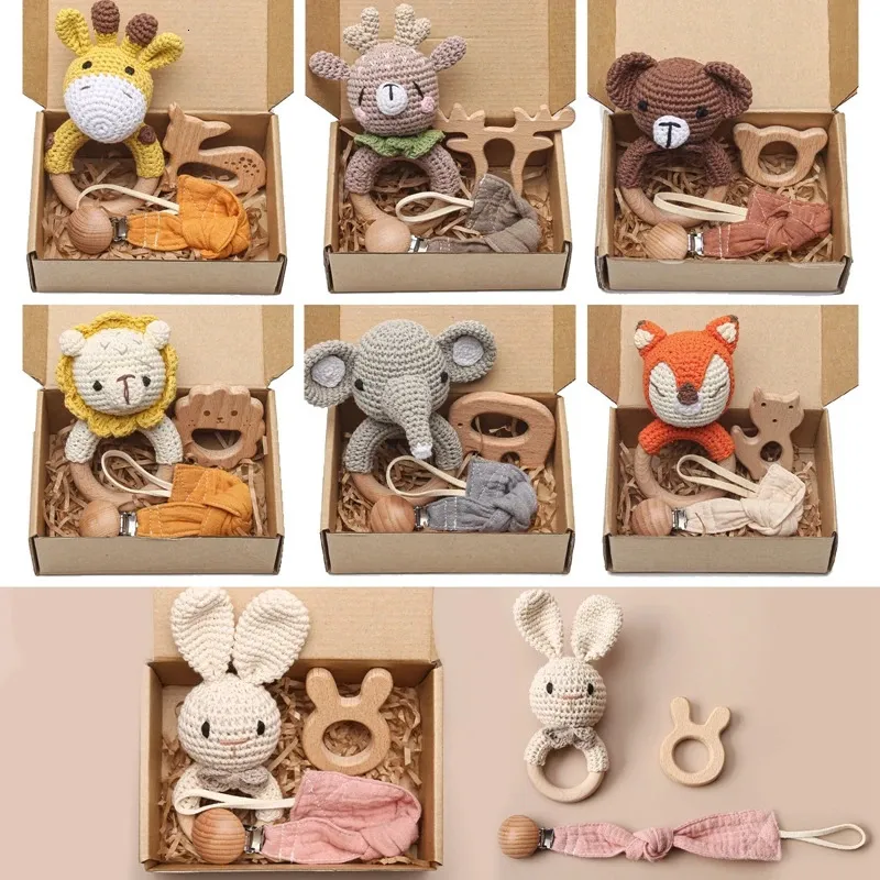 Mobiler# 3st/Set Baby Crochet Animal Set Cute Bunny Elephant Rattle Armband Beech Wood Teether Infant Pacifier Clip Chain Baby Toys 231208