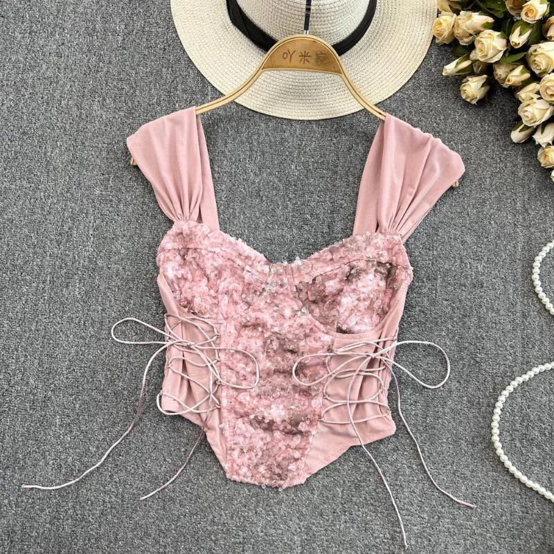 Dames Tanks Dames Zoet Roze Kant Effen Stropdas Bloemen Hemdje Zomer Sexy Onregelmatigheid Bloemen Crop Tops Pittig Meisje Fee Vouw Vetersluiting