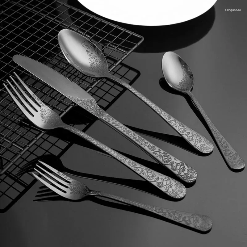 Dinnerware Sets 5PCS Cutlery Set Luxury Stainless Steel Steak Knife Black Fork Tablespoon Dessert Spoon Kitchen Tableware Gold