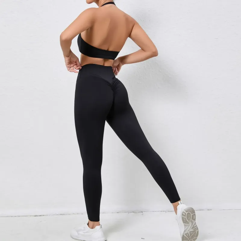 Aktiva uppsättningar backless yoga set kvinnor 2 stycken gymkläder sportkläder scrunch leggings sport outfit damer träning kostym för fitness svart