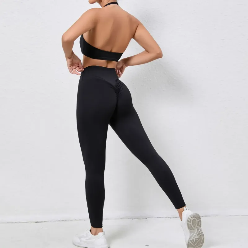 Ensembles actifs Ensemble de yoga dos nu Femmes 2 pièces Vêtements de sport Vêtements de sport Scrunch Leggings Tenue de sport Dames Costume d'entraînement pour fitness Noir