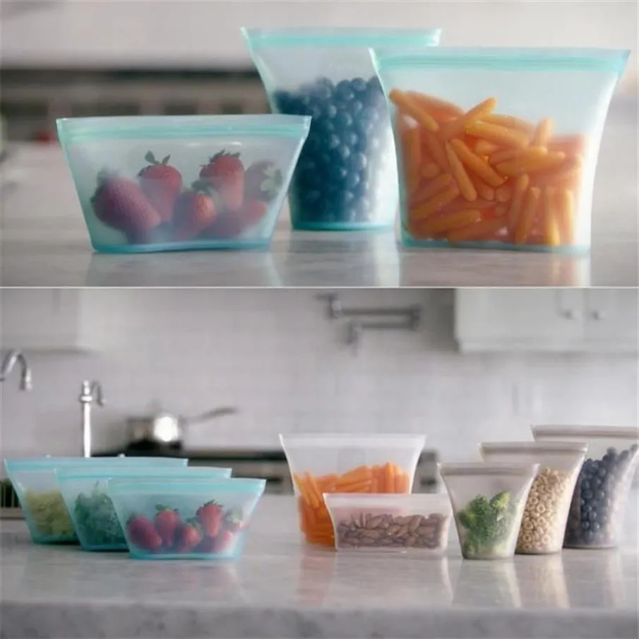 Silikonmatlagringsbehållare Set Fresh Bowl Cup Bag återanvändbar Stand Up Zips Stäng Bag Fruit Vegetable Cup With Seal Organizer3344