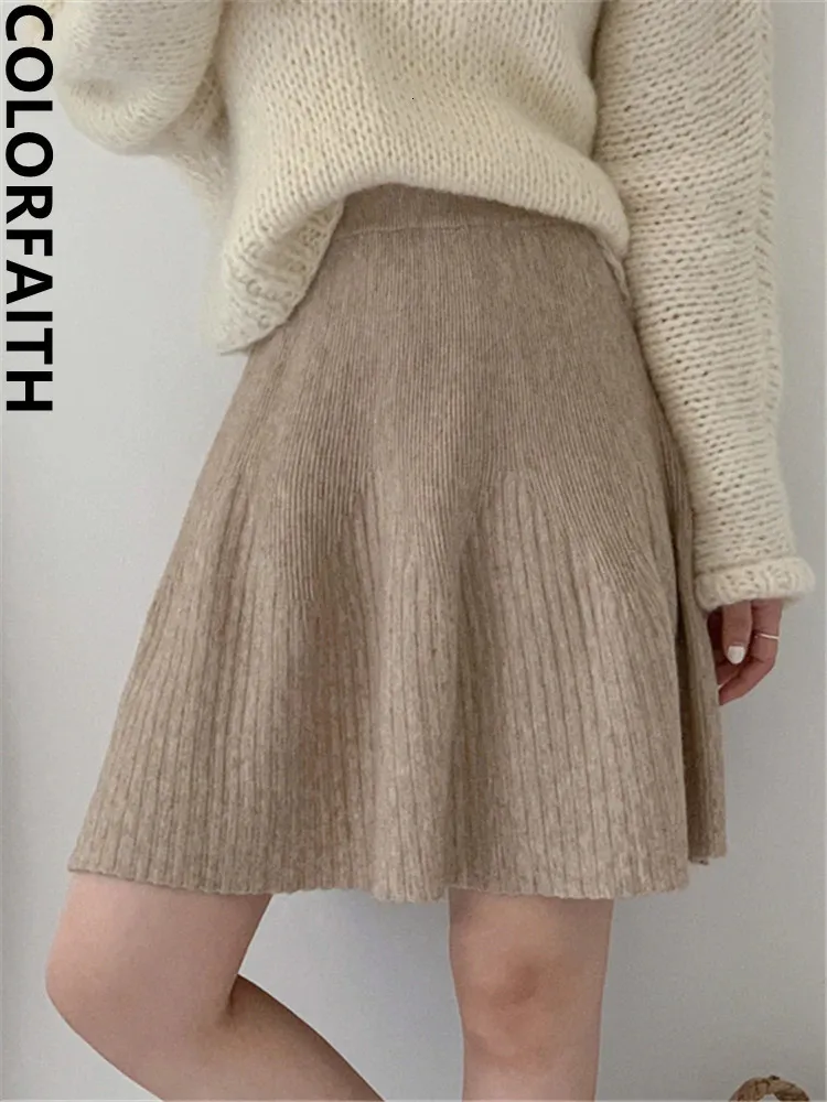 Юбки Colorfaith SK5608JX Вязание с высокой талией Корейская мода Элегантная женская винтажная опрятная стильная осенне-зимняя женская мини-юбка 231211