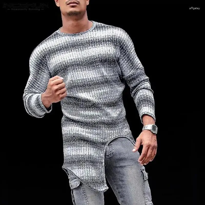 Men's T Shirts INCERUN Tops 2023 Fashion Mens Horizontal Stripe Contrast Irregular Hem T-shirts Casual O-Neck Knitted Long Sleeve T-shirt