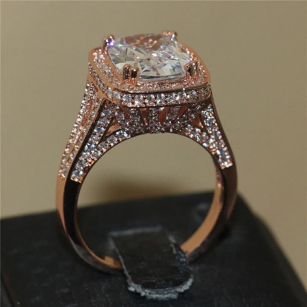 Luxury 925 Sterling Silver och Rose Gold Filled Pave Setting 192st AAA CZ SETTION 8CT Square Gemstone Rings Iron Tower Wedding Ri30e