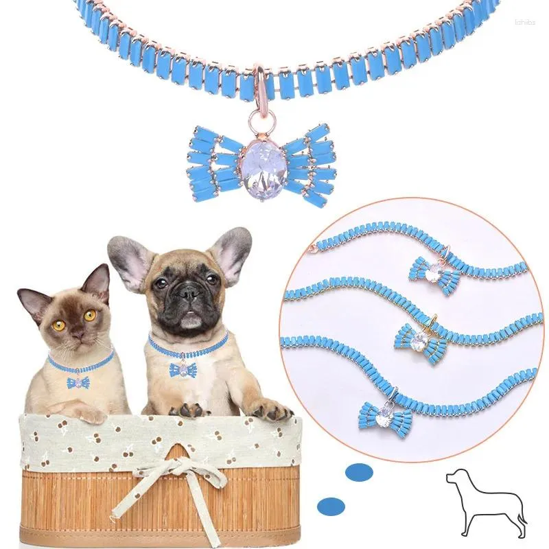 Colliers de luxe en Zircon pour animaux de compagnie, avec nœud bleu, pour chat, chiot, réglable, Rose doré, accessoires de cou York