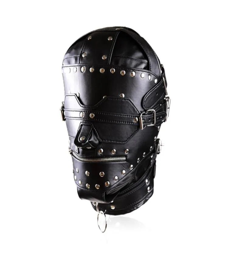 Ny bondage lyxig full läder bondage huv gimp mask med ögonbindel låsande mun zip8860170