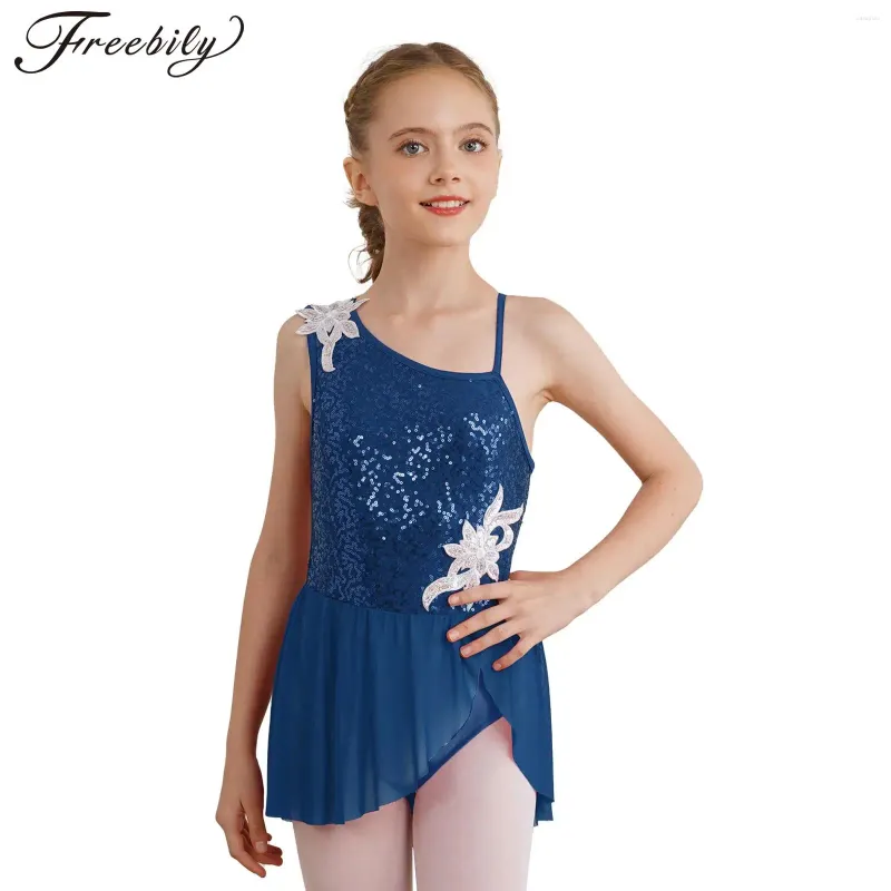 Stage Wear Enfants Filles Figure Patinage Robe Ballet Danse Gymnastique Acrobatie Justaucorps Tutu Sans Manches Brillant Paillettes Floral Dancewear