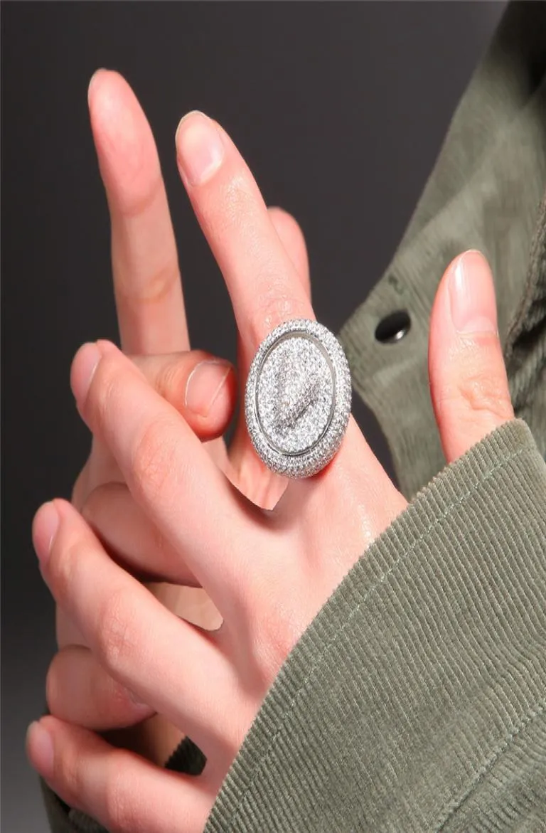 Luxus-Design, rotierender Buchstabe, Diamant mit seitlichen Steinen, individueller Ring, vergoldet, versilbert, Herren-Hip-Hop-Schmuck, Gfit2019576