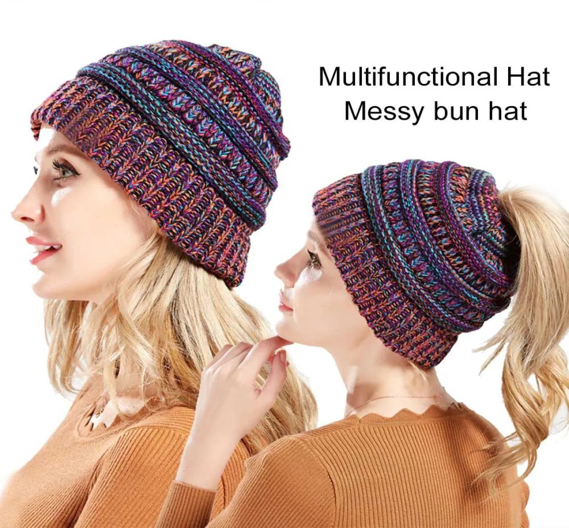 Ponytail Stylish Women Winter Bun Hat Crochet Beanie Warm Cap Messy Knitted Hat Winter Knitting Hats Winter Ladies Girl Stretch Kn7312611