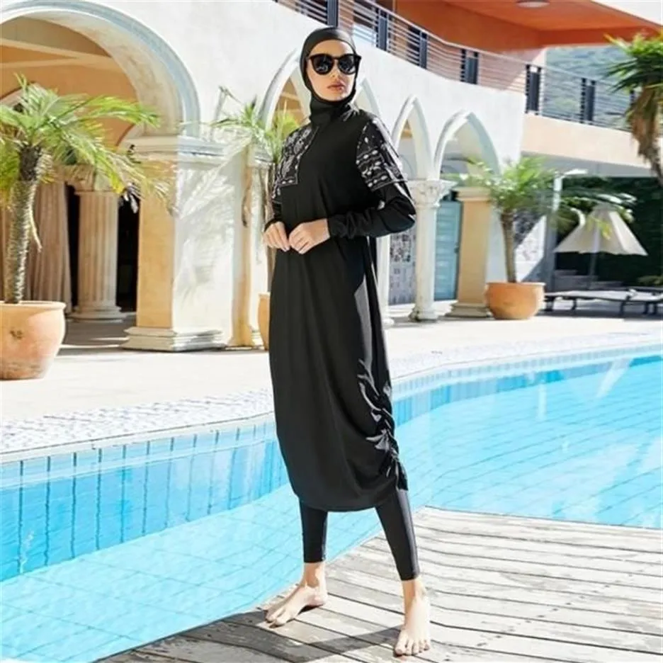 Hijabs chegada elegante muçulmano roupa de banho 3 peça longo robe terno de natação muslimah maiô islâmico 2209239261578237h