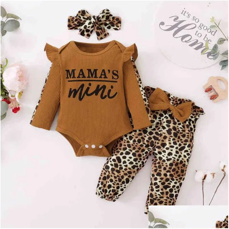 Rompers 3st Born Clothes Baby Girl Sets spädbarnsdräkt Ruffles Romper Top Bow Leopard Pants Toddler Clothing G1221 Drop Delivery Kid Otixu