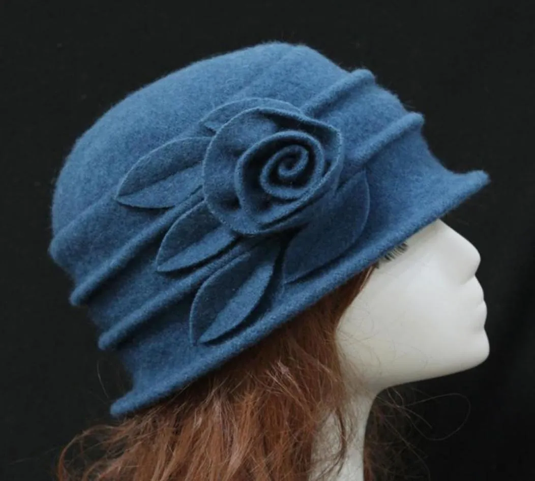 Vintage kvinnor ullkapslar cloche klaffhatt mode lady hink vinter blomma mössa klassisk blommor design hattar7246450