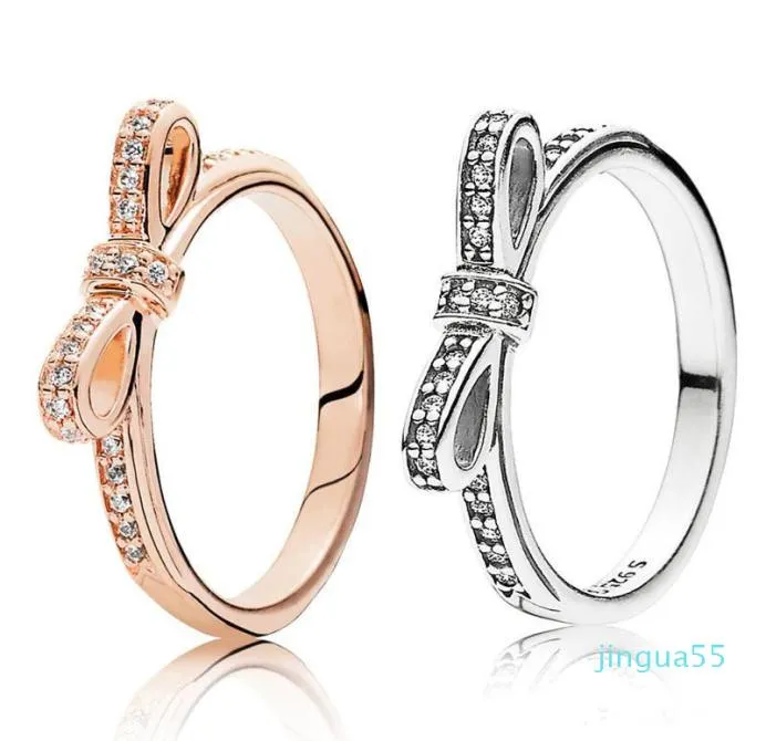 Mode 925 Sterling Silver Sparkling Bow Ring Set Boîte d'origine pour le grain Femmes Mariage Diamant Bowknot 18K Rose Gold Rings4372197