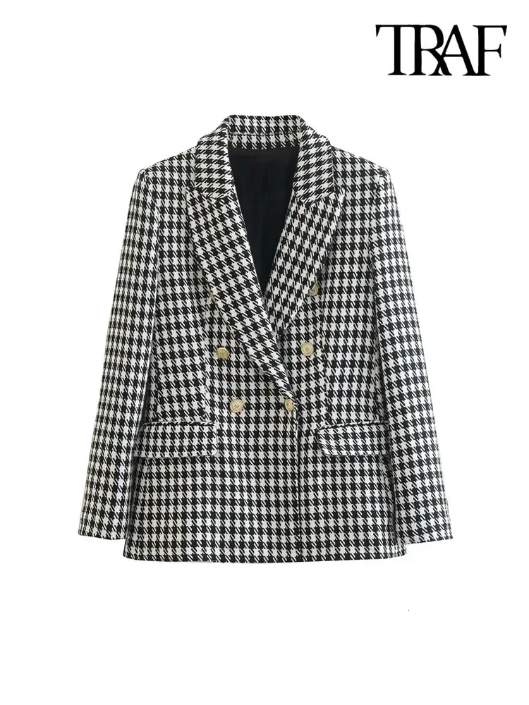 Women s Suits Blazers TRAF Women Fashion Double Breasted Houndstooth Blazer Coat Vintage Long Sleeve Flap Pockets Female Outerwear Chic Vestes 231211