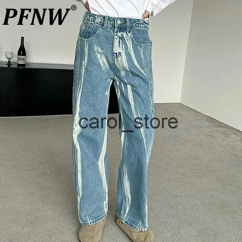 Herenbroeken PFNW Heren Amerikaanse New Tide Casual Vintage Gat Tie Dye Wassen Jeans Recht Los High Street Retro Chic Denim Broek 12Z4524 J231208