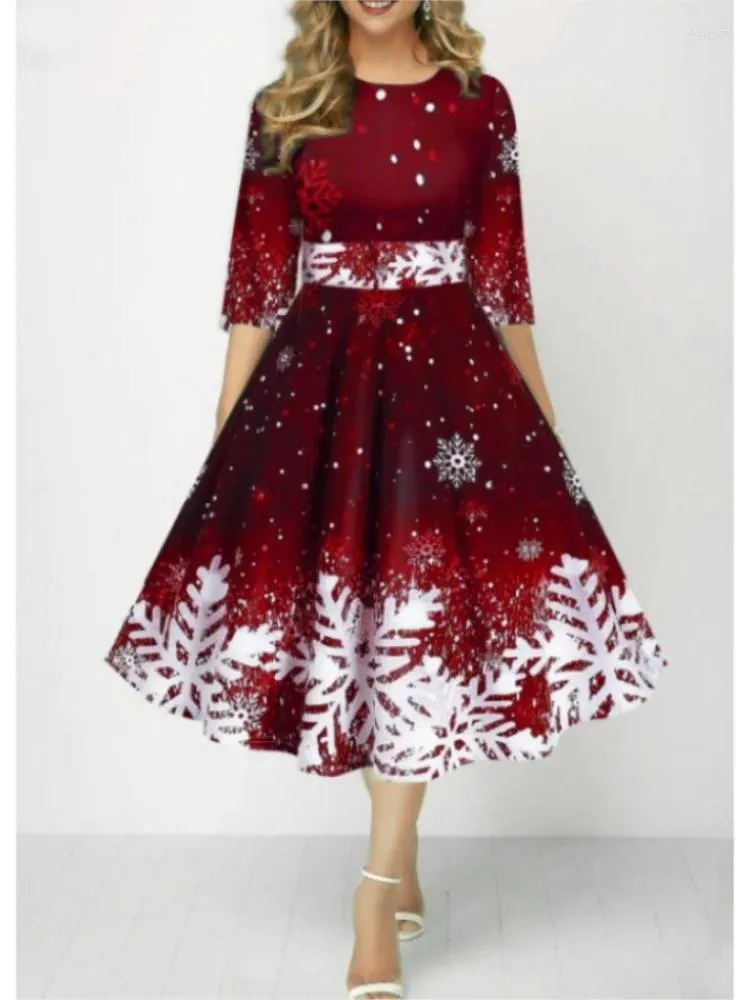 Casual Dresses Christmas Dress Women Autumn Winter Snowflake Print Slim midja Big Swing Midi Elegant Party Red Blue Oversize 5xl