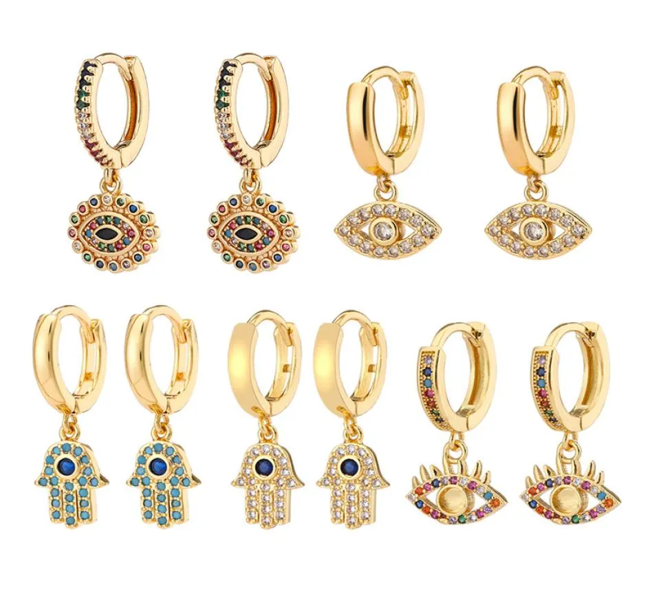 Blue Evil Eye Hoop örhängen Fashion Design 18K Gold Plated Women Cubic Zirconia Fatima Hamsa Hand Pendant Turkish Rhinestone Devil5410603