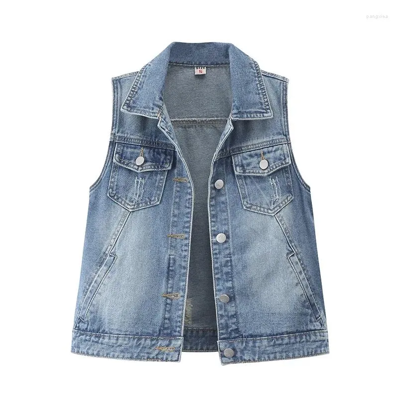 Gilets pour femmes 2024 printemps déchiré Denim gilet court revers mode veste