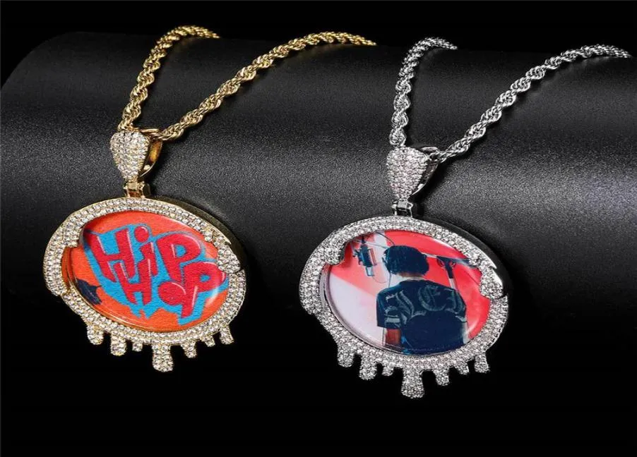 Latest Hip Hop Iced Out Round Water Drop Custom Po Frame Pendant Necklace Micro Inlaid Zircon Personality Creative DIY Jewelry6636816