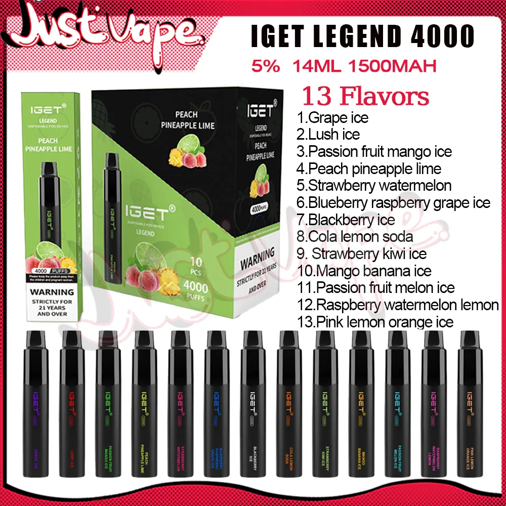 Highest Quality IGET Legend 4000 Puffs E Cigarettes Disposable Vapes Pod Device 1000mah Battery 5% 14ml Cartridge Starter Kit Small Ships locally in Australia