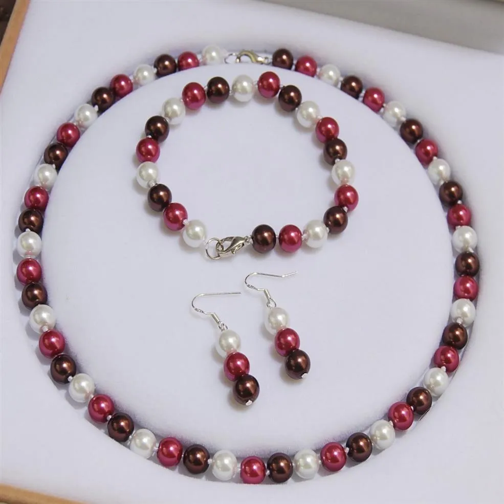 Handmade beautiful 8mm multicolor south sea round bead shell pearl necklace bracelet earrings set 45cm fashion jewelry 2set lot222C