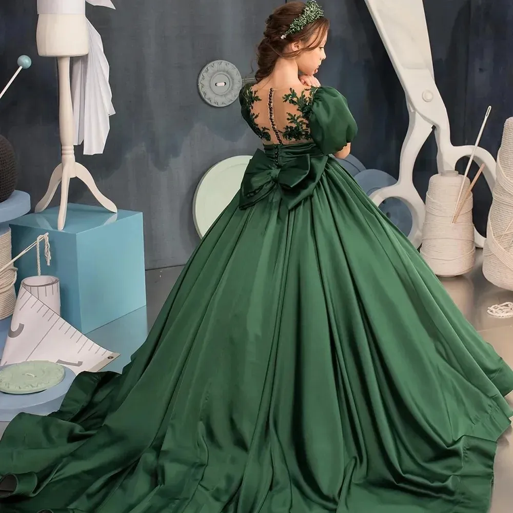 Dark Green Satin Ball Gown Dress for Girls with High Collar, Short Capped  Sleeves, Big Bow, and Short Train for Christening Birthday from Dhgate  Flower Girls' Dresses - price 233.04