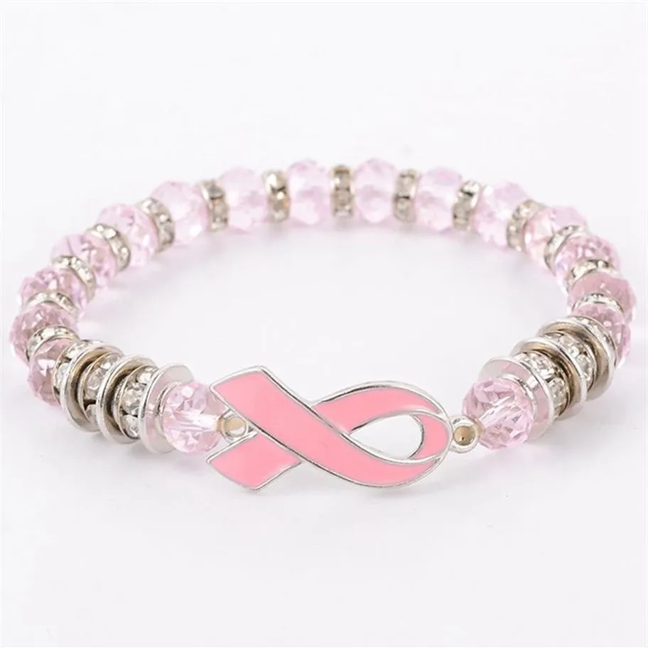 Borstkanker Awareness Kralen Armbanden Roze Lint Armband Glazen Koepel Cabochon Knoppen Bedels Sieraden Cadeaus Voor Meisjes Women224s