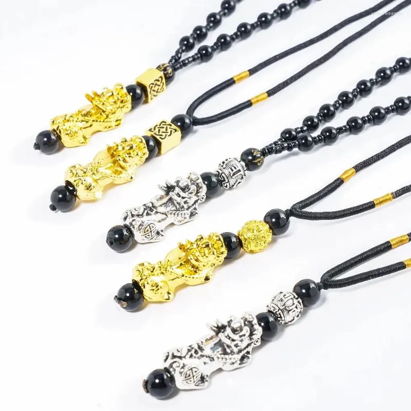 Hänghalsband feng shui unisex pixiu sex-tecken halsband naturliga obsidian pärla hälsa lycklig rik buddha rep kedja