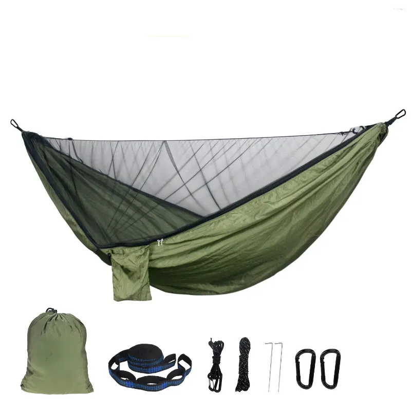 Lägermöbler 1-2 Person Portable Outdoor Camping Hammock med Myggnät Högstyrka Parachute Tyg Hängande säng Jakt