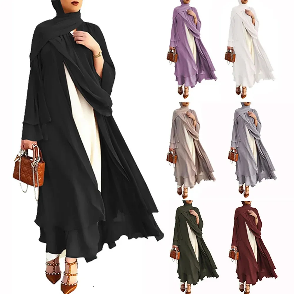 Abbigliamento etnico 2023 Donna Musulmana Cardigan in chiffon Abito Jilbab Abaya Tinta unita Morbido Ramadan Vita alta Abito da donna Medio Oriente Abaya 231208