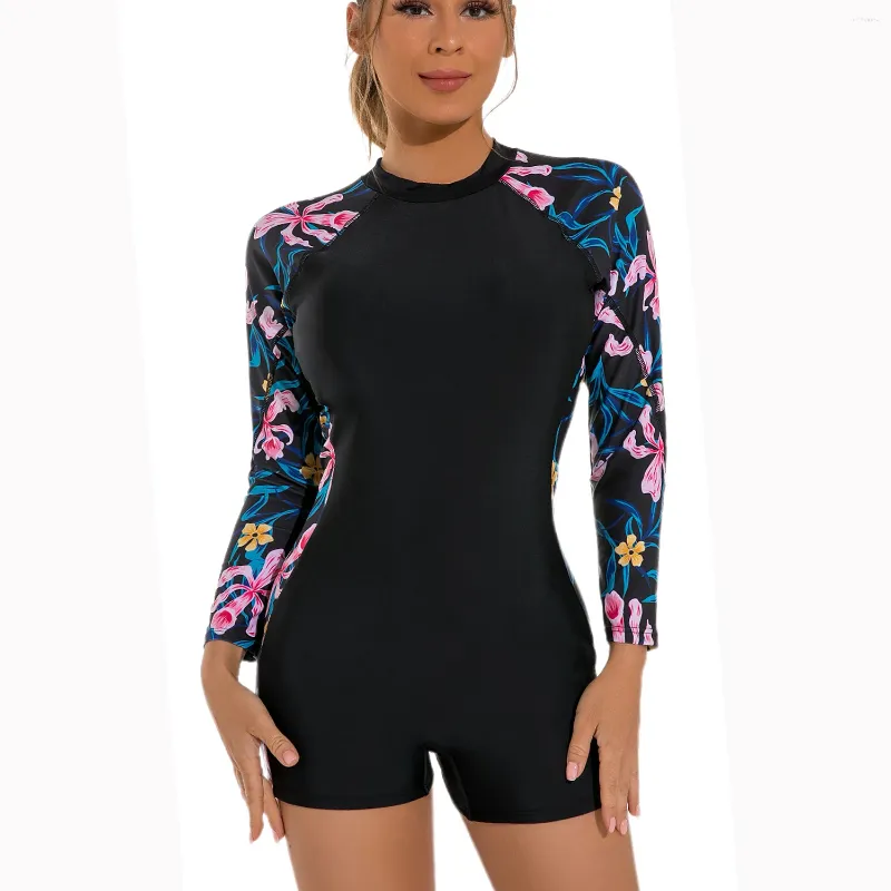 Kvinnors badkläder Summer Surfing Swimming Suit For Women 2023 Sport Floral Rash Guard Long Sleeve Shorts One Piece Swimsuit Bathing